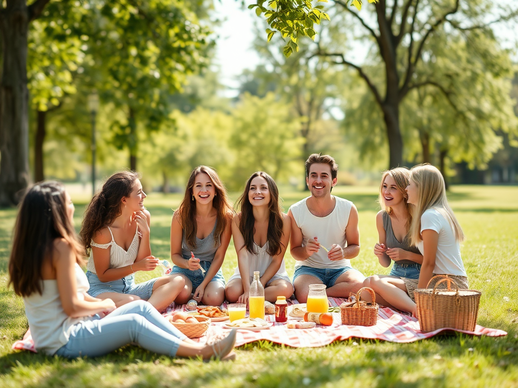 Un grup de tineri se bucură de un picnic în parc, zâmbind și interacționând pe o pătură.