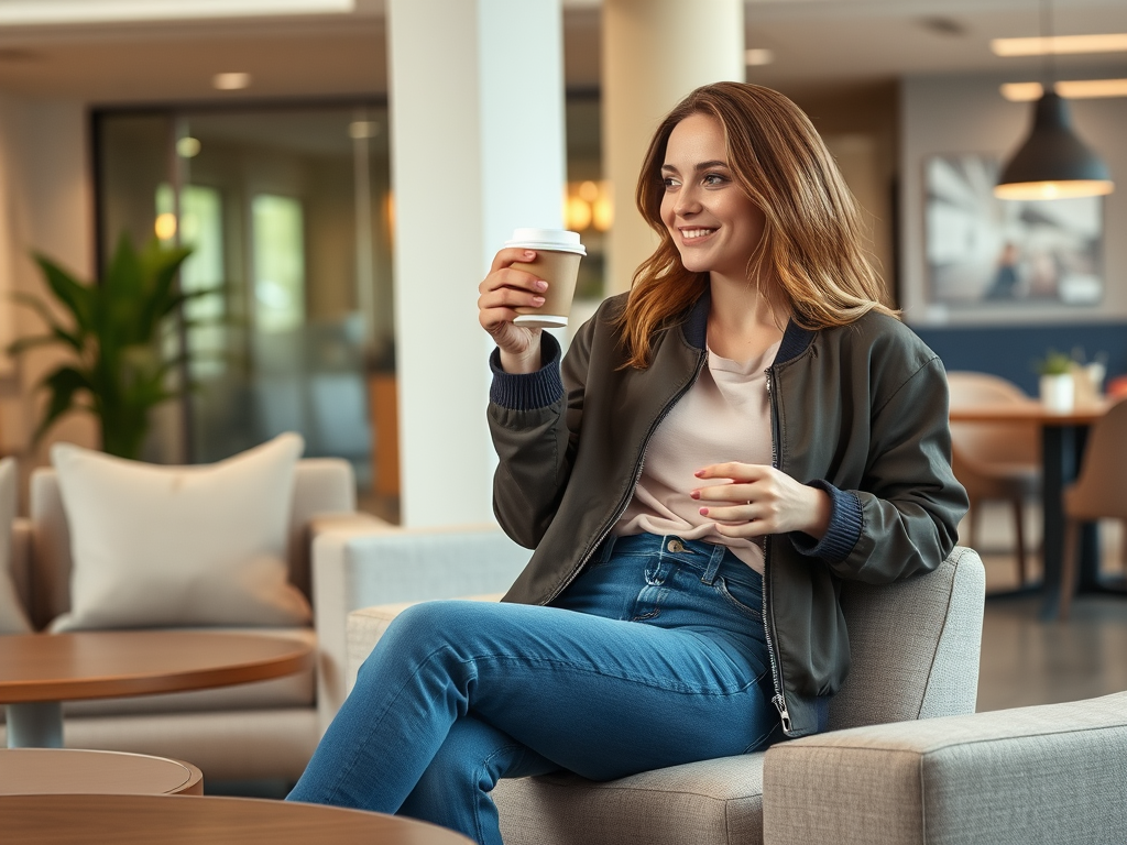 O tânără zâmbește în timp ce savurează o cafea într-un spațiu modern și confortabil.