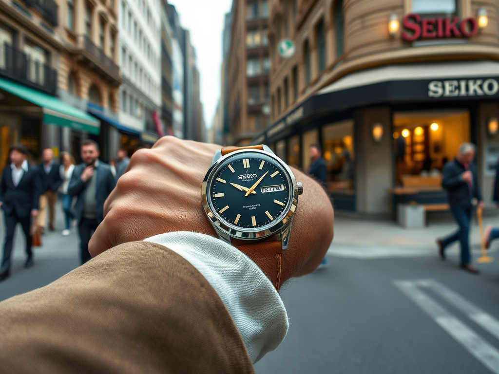 Ceas Seiko pe un braț, cu oameni îmbrăcați elegant pe o stradă aglomerată dintr-un oraș.