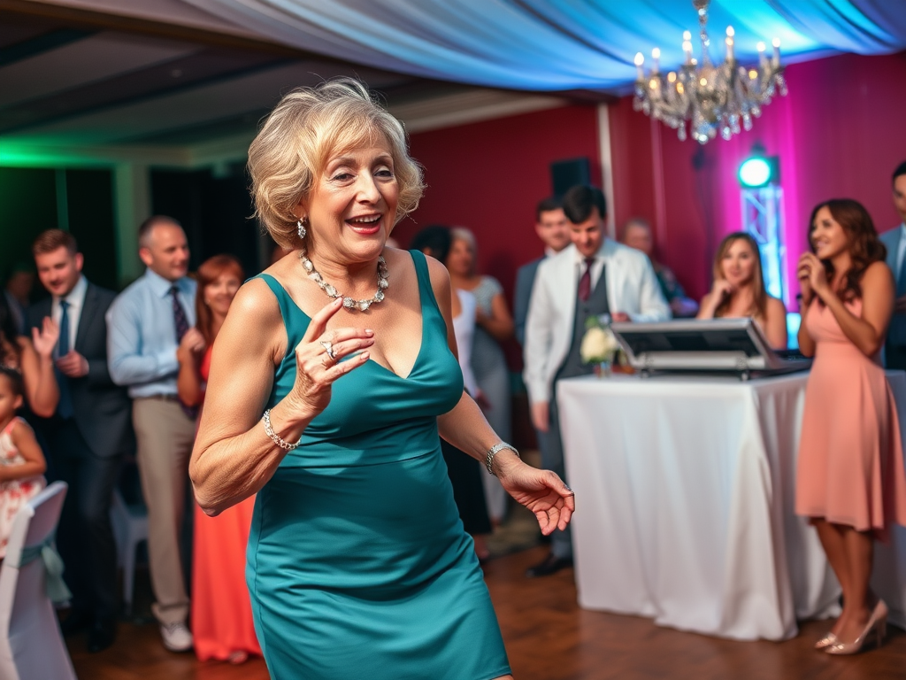 O femeie zâmbitoare dansează pe ringul de dans, înconjurată de invitați care se bucură de petrecere.