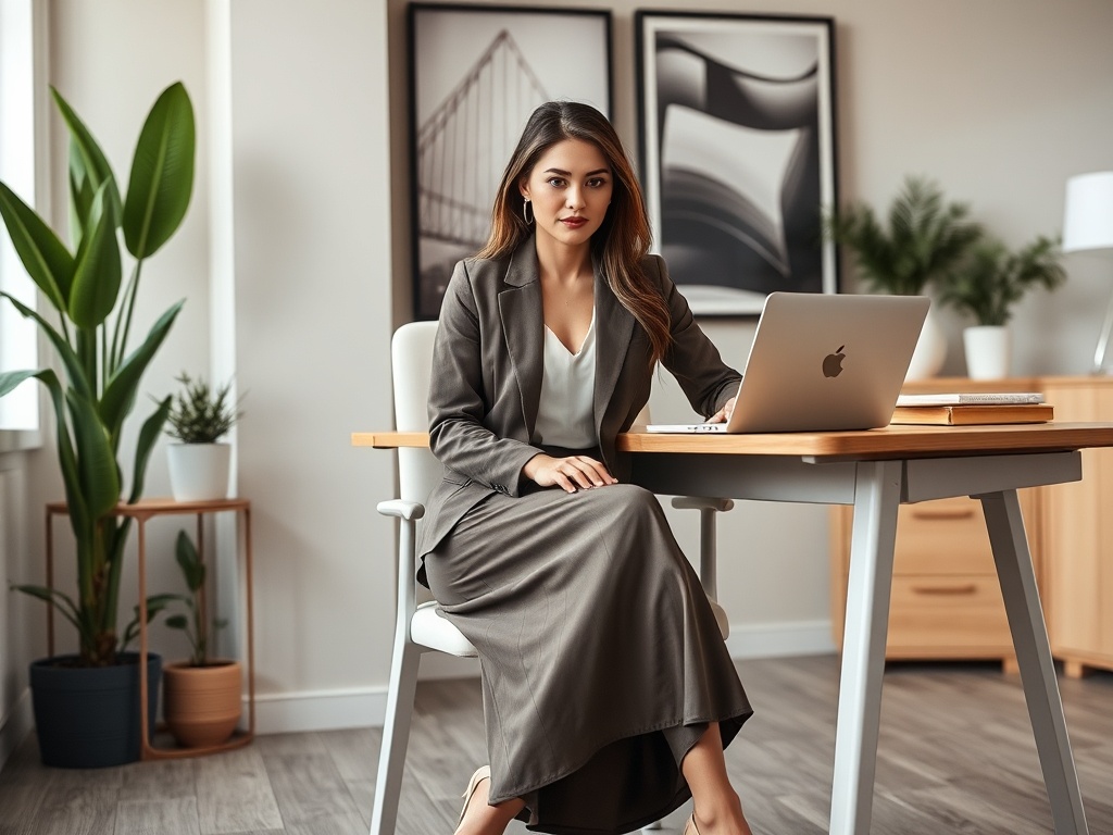 Femeie îmbrăcată elegant, stând la birou, lucrând pe laptop, cu plante în fundal și o atmosferă modernă.