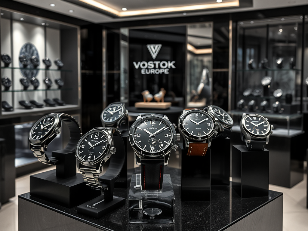 Diverse ceasuri Vostok Europe expuse într-un magazin elegant, cu fundal negru și iluminare modernă.