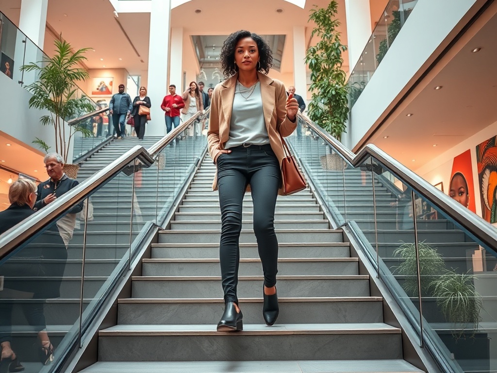 O femeie îmbrăcată elegant coboară pe scările unei galerii comerciale aglomerate.