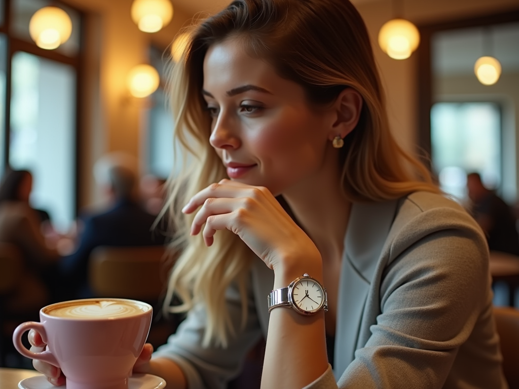 Femeie reflectând, cu o ceașcă de cafea în mână, într-un cafenea luminată cald.