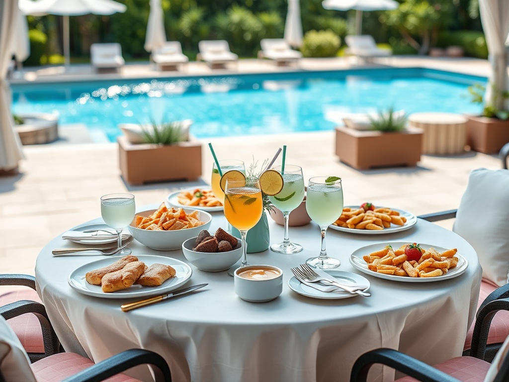 Masa plină de preparate delicioase și băuturi răcoritoare lângă piscina unui restaurant elegant.