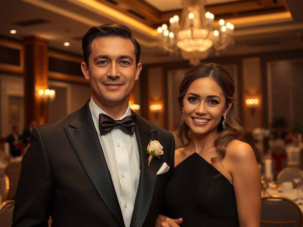 Un cuplu elegant zâmbind, îmbrăcați la un eveniment formal într-o sală primitoare.