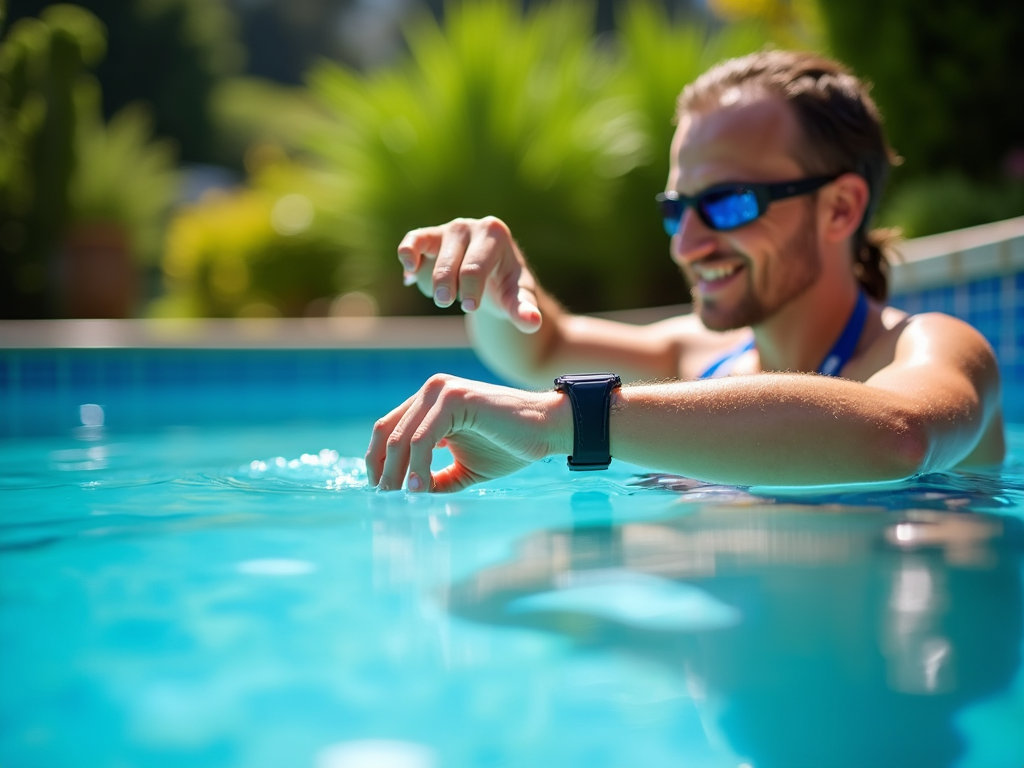 Bărbat zâmbind, cu ochelari de soare, într-o piscină, interacţionând cu un ceas inteligent.