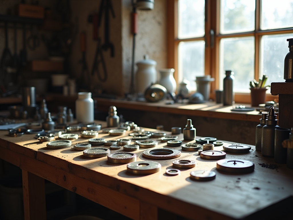 Atelier luminos cu piese mecanice răspândite pe o masă de lemn, într-un decor rustic.