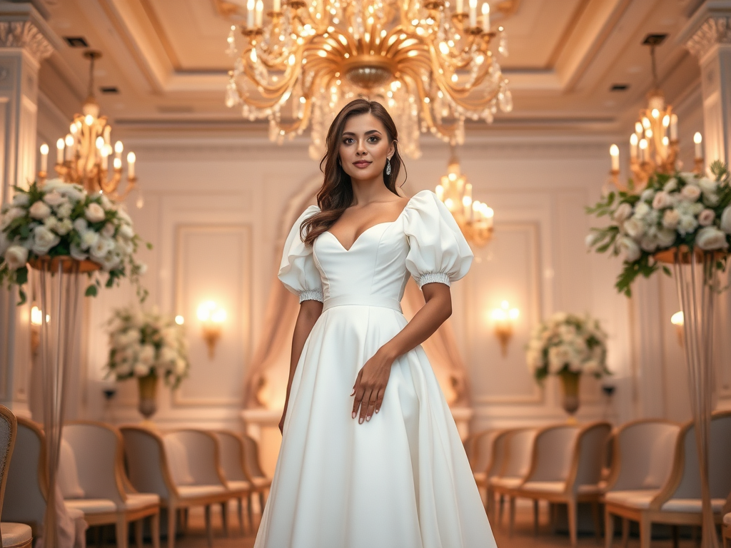 O mireasă elegantă poartă o rochie albă, într-un decor rafinat, cu lumini strălucitoare și flori.
