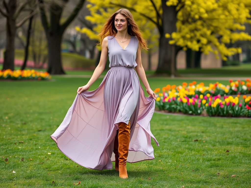 O tânără poartă o rochie lungă, mov deschis, plimbându-se printr-un parc plin de flori colorate.