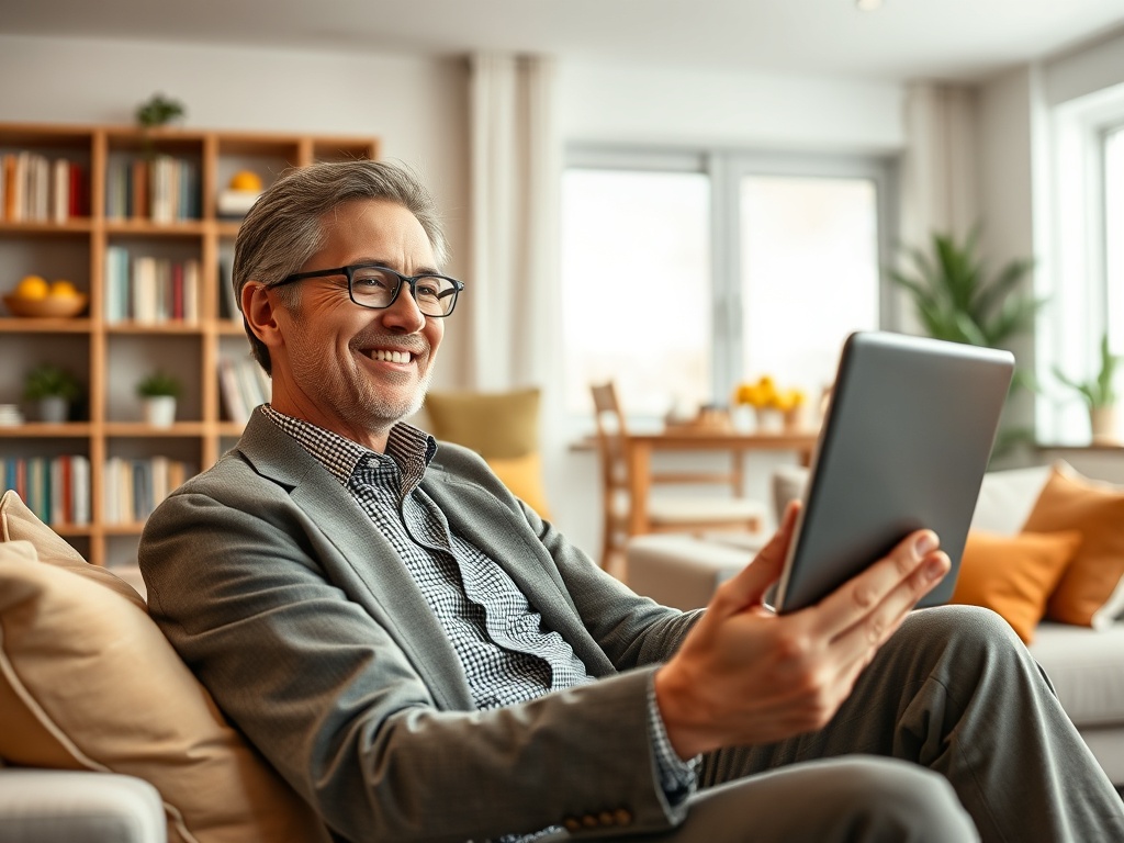 Un bărbat zâmbitor stă pe o canapea, ținând o tabletă în mână, într-un mediu confortabil și modern.