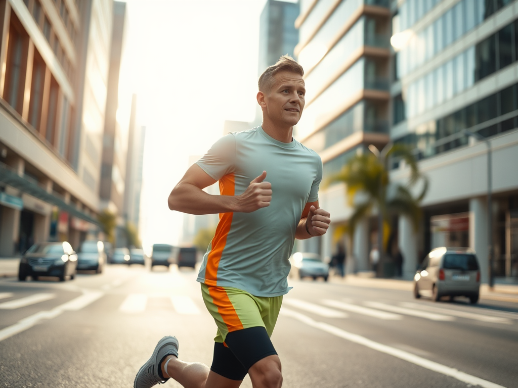Un bărbat alergând pe o stradă urbană, purtând un tricou sportiv și pantaloni scurți, în lumina dimineții.