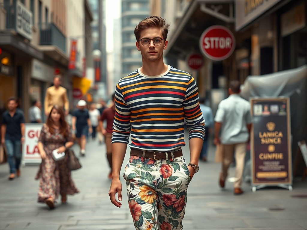 Un băiat îmbrăcat în tricou cu dungi și pantaloni cu flori merge pe o stradă aglomerată.