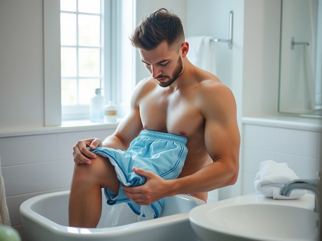 Un bărbat tânăr, fără tricou, stă în cada într-o baie luminoasă, îmbrăcând o pereche de pantaloni scurți.