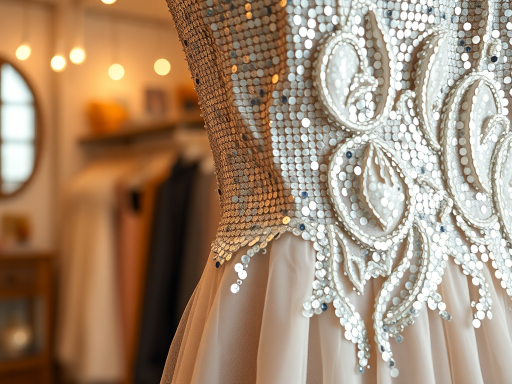 Detaliu al unei rochii elegante cu aplicații strălucitoare, prezentată într-un magazin de modă luminoasă.