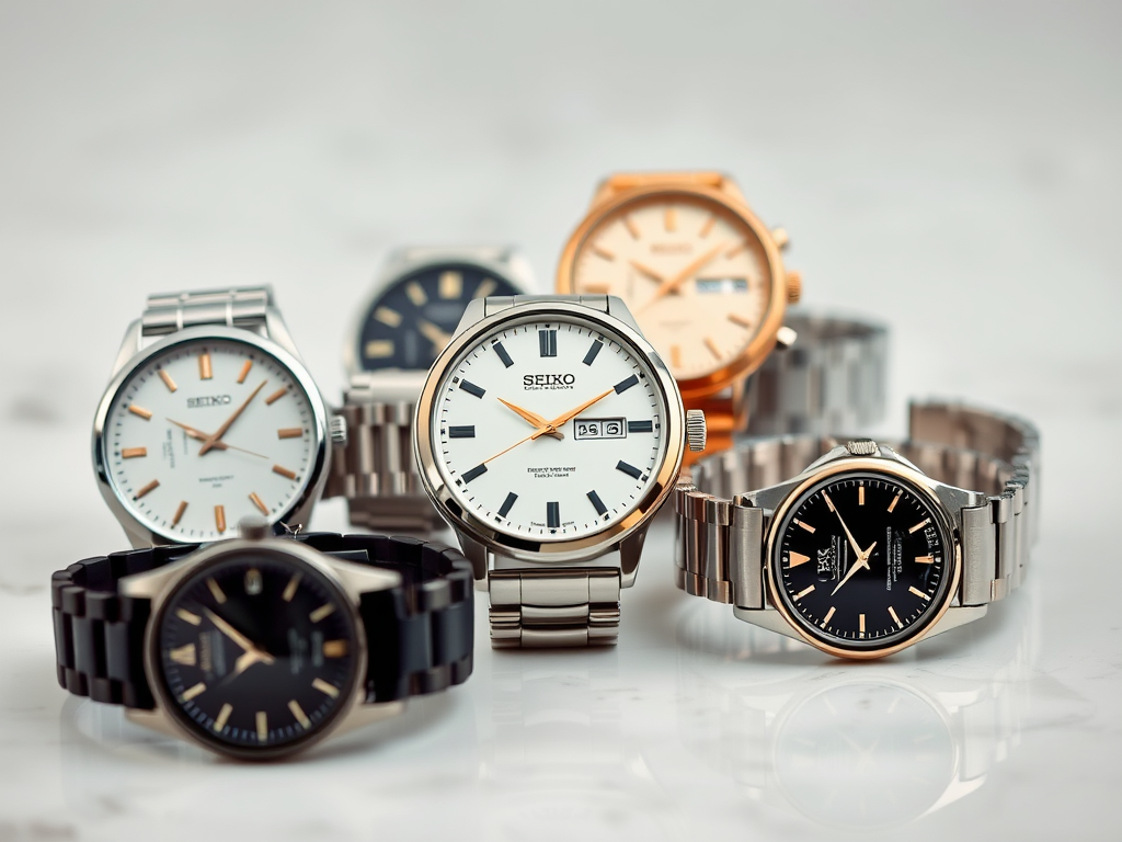 O selecție de ceasuri Seiko, cu cadrane alb și negru, monturi metalice și diverse stiluri elegante.