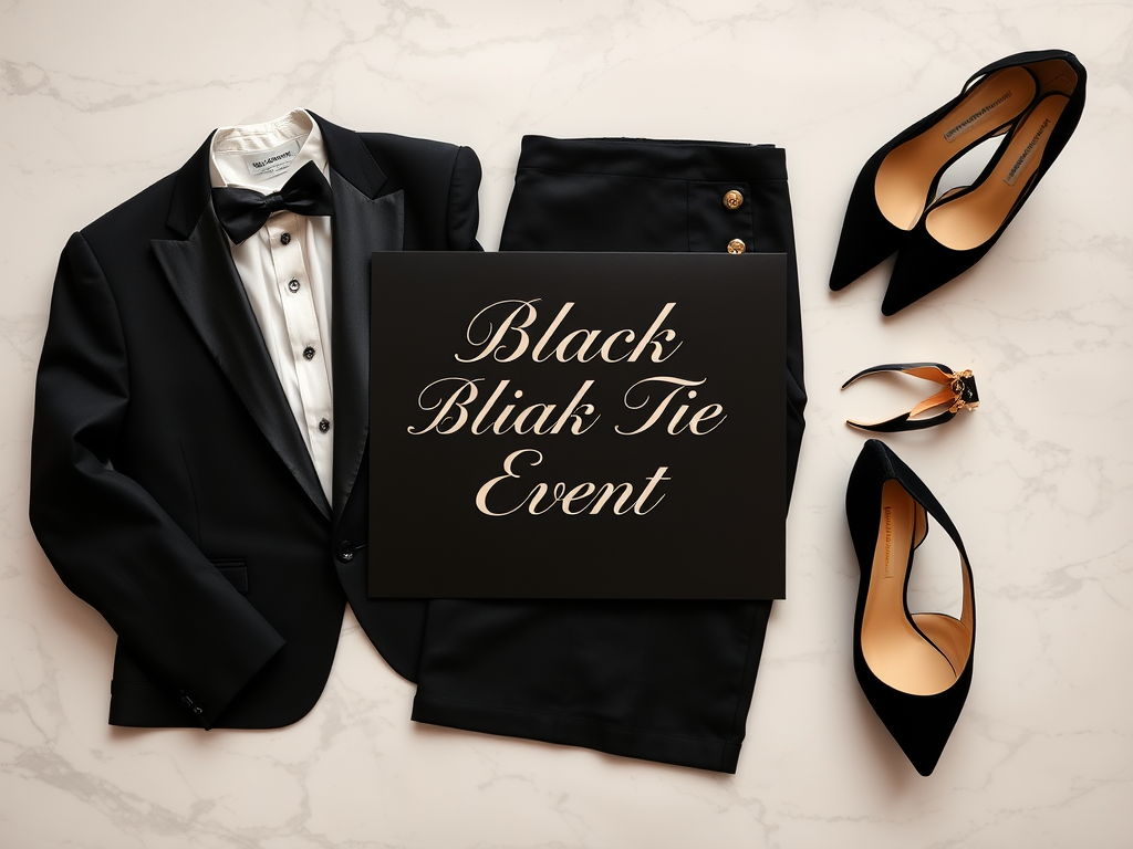 Costum elegant, pantaloni negri, pantofi cu toc și un panou cu textul „Eveniment Black Tie”.
