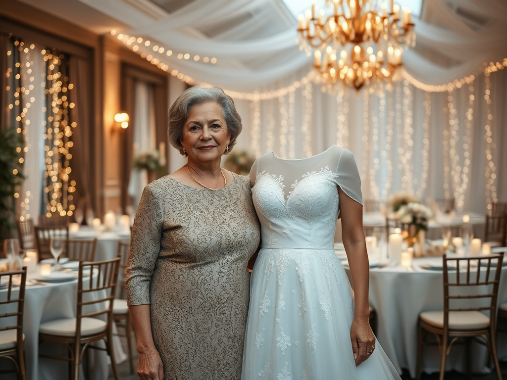 O femeie în rochie de mireasă stă alături de o bunică într-o sală elegant decorată pentru o petrecere.