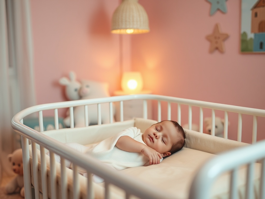 Un băiețel doarme liniștit în pătuțul său, înconjurat de jucării, într-o cameră cu pereți roz.