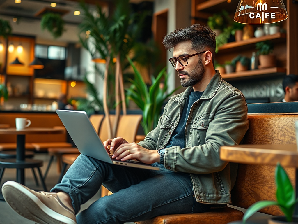 Un tânăr lucrează pe un laptop într-o cafenea modernă, înconjurat de plante verzi și mobilier din lemn.