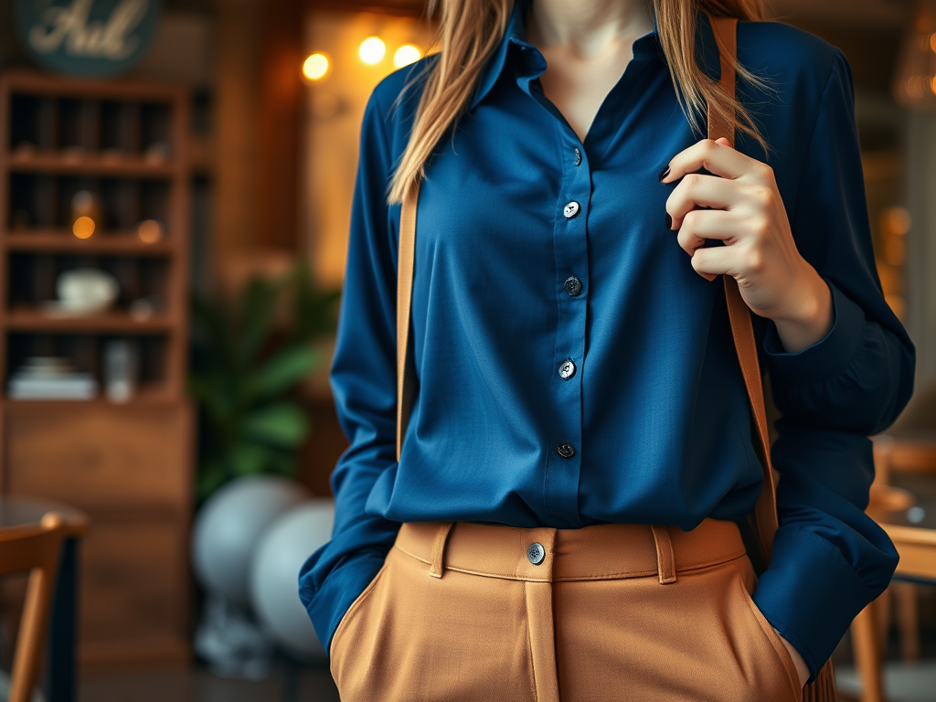 O femeie îmbrăcată într-o cămașă albastră și pantaloni bej, stând într-un café modern.