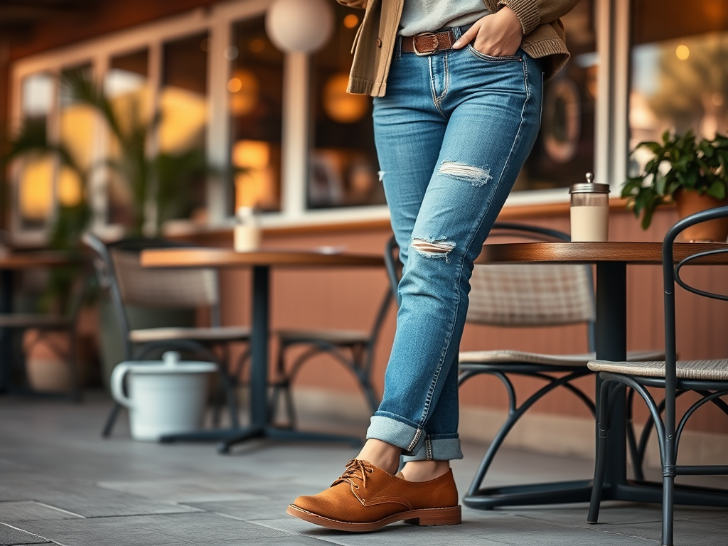 Persoană îmbrăcată în blugi și cizme, stând lângă o masă într-un café modern, cu plante în fundal.