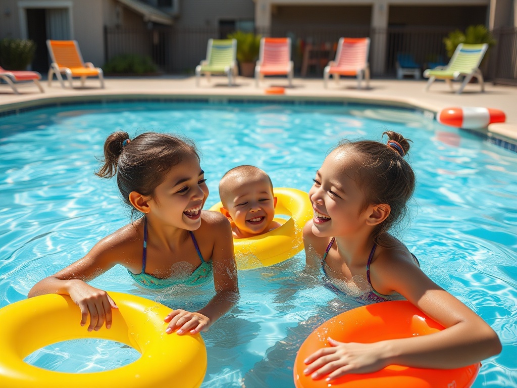 Trei copii se distrează în piscină, purtând colace de salvare și zâmbind fericiți. Soare strălucitor.