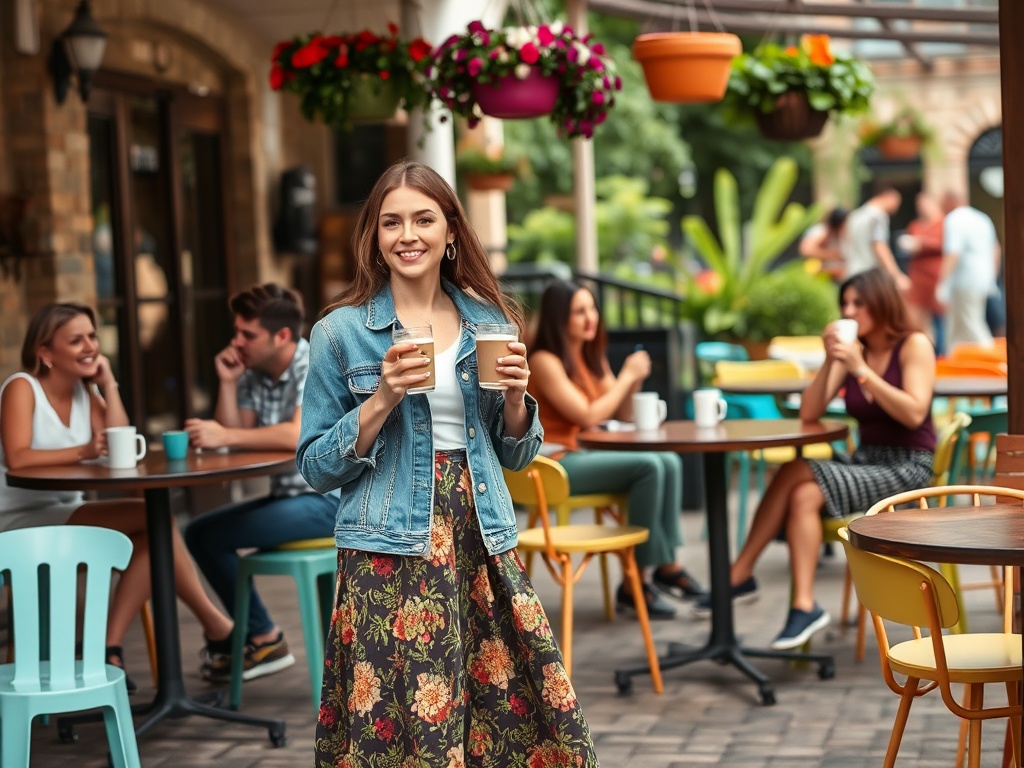 O tânără zâmbitoare, îmbrăcată cu o fustă florală, ține două cafea într-o cafenea cu mese în aer liber.