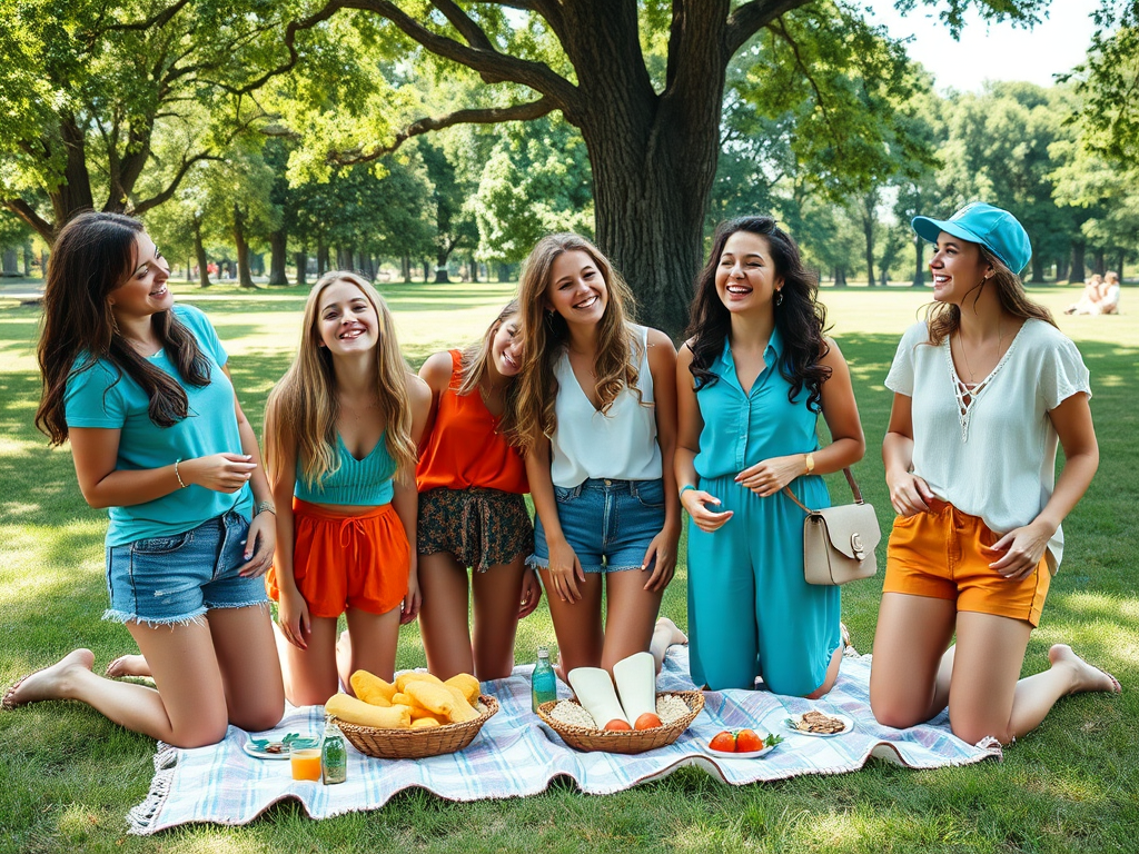 Grup de șase prietene se bucură de un picnic în parc, zâmbind și purtând haine colorate. Soare și voie bună!