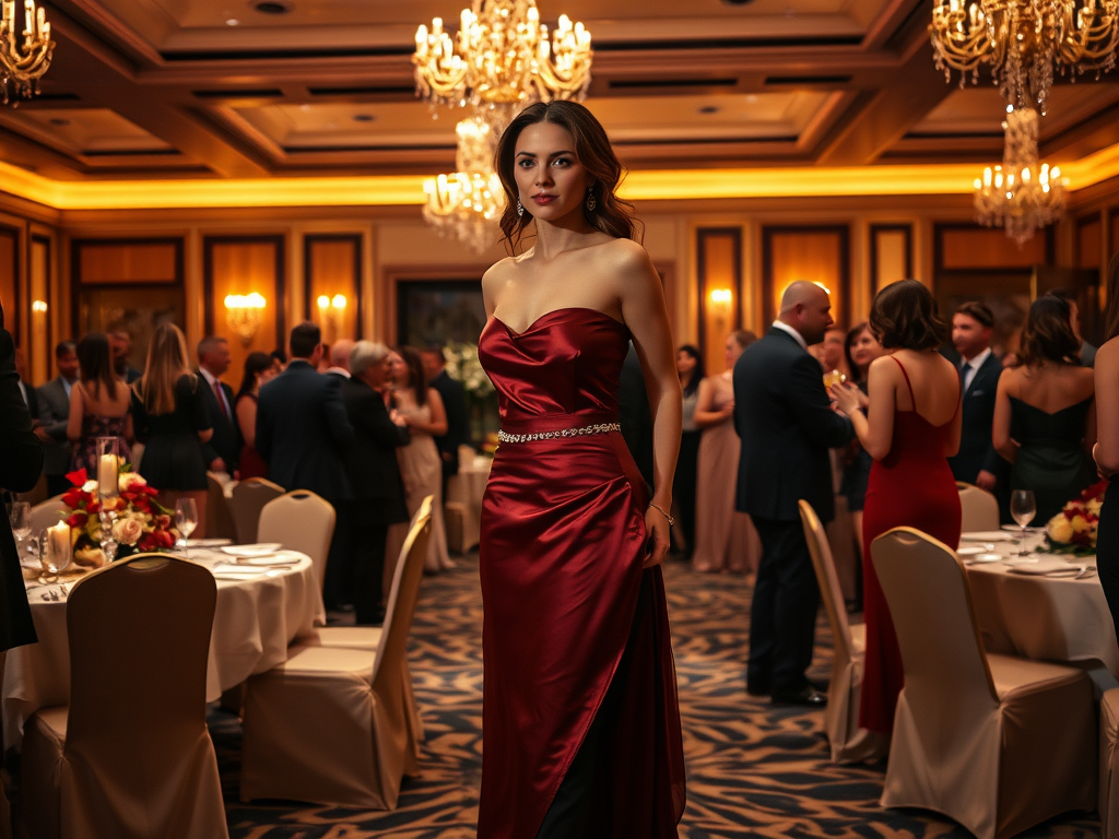 O femeie în rochie roșie strălucitoare, având un eveniment elegant, înconjurată de invitați la o petrecere.