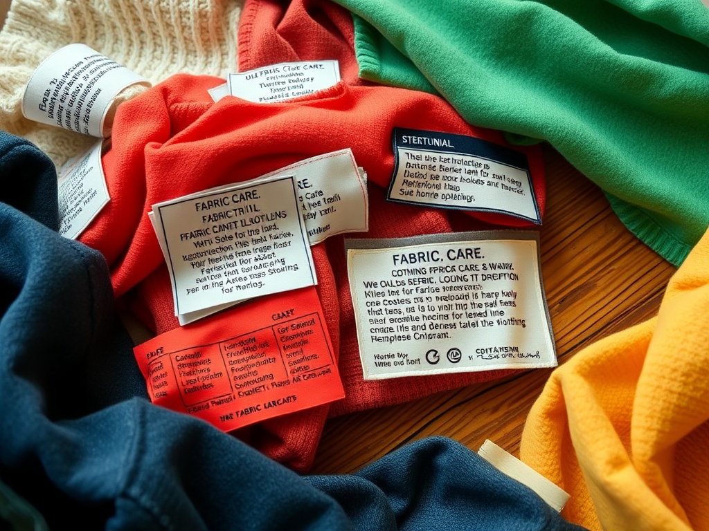 Imaginea prezintă etichete cu instrucțiuni de îngrijire a fabricelor, colorate și variate, pe materiale textile.
